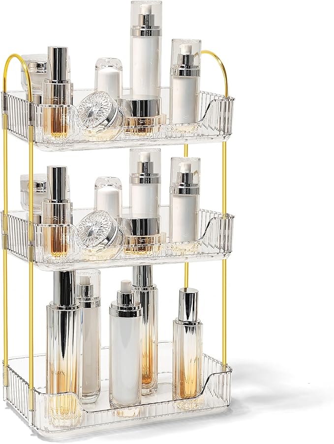 Bathroom Counter Organizer Countertop Storage Skincare Countertop Makeup Organizer Cosmetics Skincare Organizers Holder for Perfume-Clear-Golden Pole-3 Tier-NeatNest
