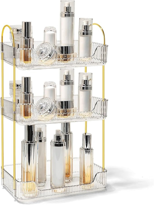 Bathroom Counter Organizer Countertop Storage Skincare Countertop Makeup Organizer Cosmetics Skincare Organizers Holder for Perfume-Clear-Golden Pole-3 Tier-NeatNest