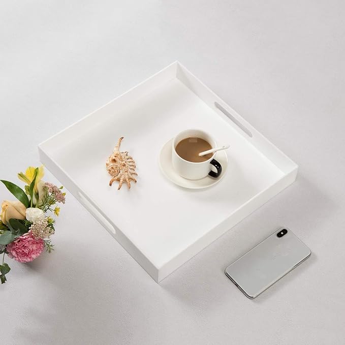 Glossy White Sturdy Acrylic Serving Tray with Handles-14x14Inch-Serving Coffee,Appetizer,Breakfast,Butler-Kitchen Countertop Tray-Makeup Drawer Organizer-Vanity Table-Ottoman Tray-NeatNest