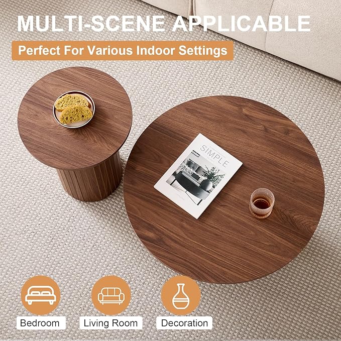 Round Nesting Coffee Tables Set of 2 -φ27.6 Large Short + φ15.8 Small Tall Boho Circle Side Tables with Fluted Drum Design