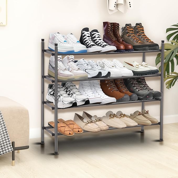 Shoe Rack, Expandable Shoe Storage Organizer for Closet, 4 Tier Metal Shoe Rack for Entryway, Adjustable Small Shoe Shelf for Front Door Entrance, Small Space, Garage-NeatNest