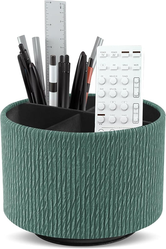 Hennaja Round Leather Art Supply Organizer,Remote Control Holder,360 Degree Spinning,Multi-Functional Pencil Holder,4 Compartments Desktop Stationary Organizer(1-Wood Green)-NeatNest