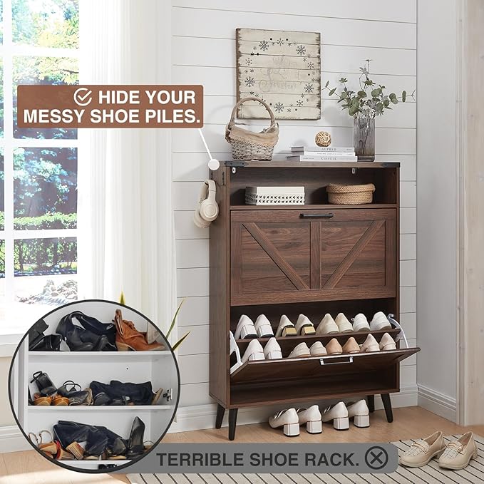 Shoe Storage Cabinet,Farmhouse Shoe Organizer with 2 Flip Drawers & Barn Door Design,Freestanding Hidden Slim Narrow Shoe Rack Cabinet with Open Storage for Entryway, Foyer,Hallway, Walnut-NeatNest
