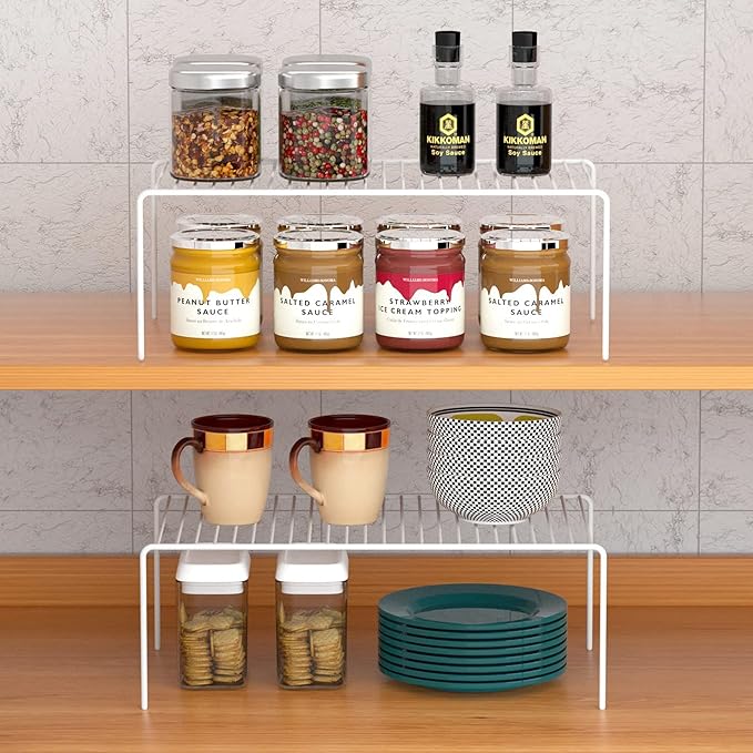 iPEGTOP Set of 4 Kitchen Cabinet Shelf Organizer, Medium (13 x 9.4 Inch) Bathroom Cabinet Organization Wire Shelf Rack, Rustproof Storage Space Saver Shelves for Countertops Pantries Utensils -White-NeatNest
