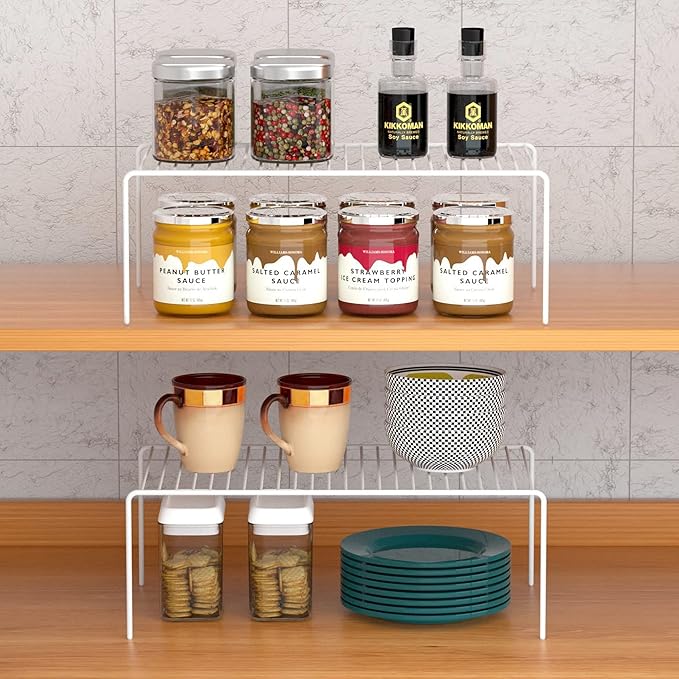 iPEGTOP Set of 2 Kitchen Cabinet Shelf Organizer, Medium (13 x 9.4 Inch) Bathroom Cabinet Organization Wire Shelf Rack, Rustproof Storage Space Saver Shelves for Countertops Pantries Utensils -White-NeatNest