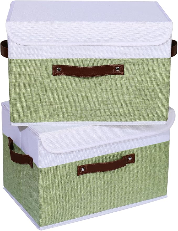 ANMINY 4PCS Storage Boxes with Lid Washable Decorative Storage Bins Basket with PU Leather Handle Foldable Linen Fabric Storage Cubes Containers for Home Closet Organizer - Green White, Large Size-NeatNest