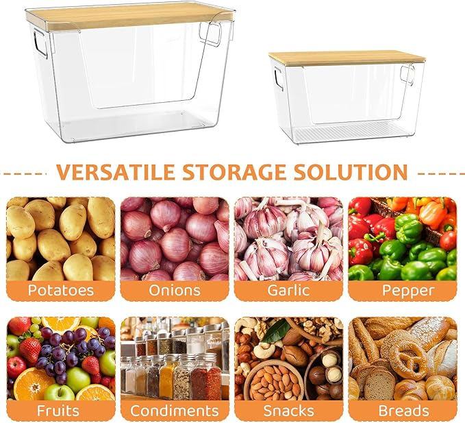 2 Set Pantry Organizer Storage, Stackable Kitchen Storage Bins with Lid & Handle, Clear Plastic Containers for Potato, Onion, Garlic, Fruit, Vegetable, Produce