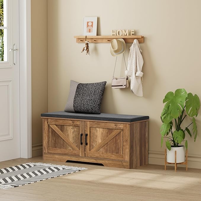 2-Tier Storage Bench, Shoe Bench with Padded Seat Cushion, Entryway Bench with 2 Barn Doors, Adjustable Shelf, 13.8" D x 39.4" W x 17.7" H, for Entryway, Living Room, Bedroom, Rustic Walnut-NeatNest
