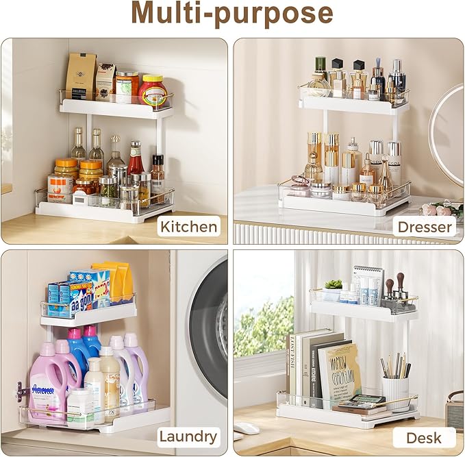 heart & home 1-Pack Under Sink Storage Organizer for Kitchen & Bathroom Cabinets with Removable Washable Tray, Tool-Free Assembly – Multi-Purpose for Kitchen Countertop, Vanity, & Laundry Room，White-NeatNest