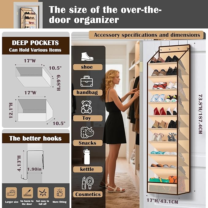 10 - Pocket Over - the - Door Hanging Shoe Organizers & Rack, Made of Sturdy 600D Oxford + Non - Woven Fabric, Space - Saving Storage for Shoes, Boots & More (Cream-colored)-NeatNest