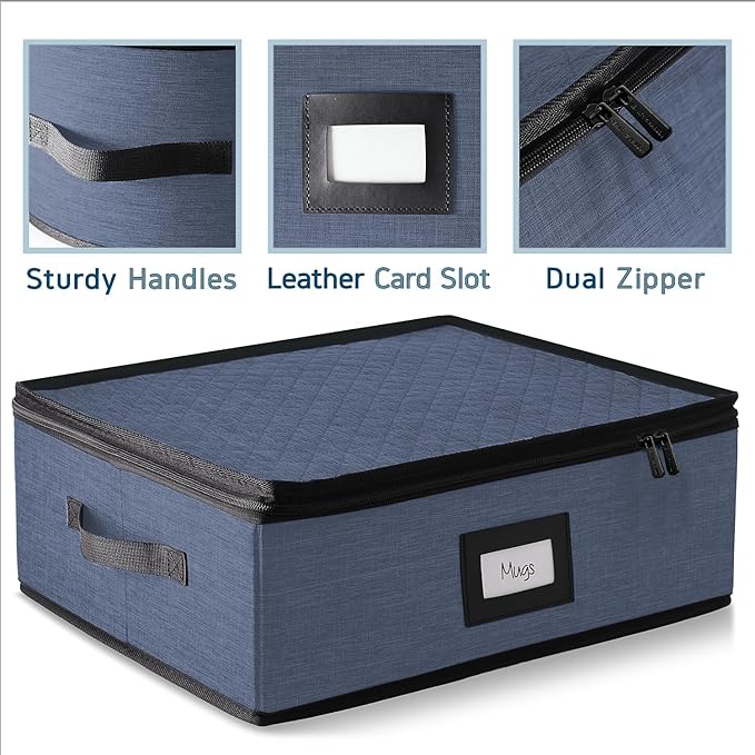 Hearth & Harbor Coffee Mug Storage, Quilted and Stackable Coffee Cup Storage Organizer for Service of 12, Mug Storage Box with Dividers, China Containers Hard Shell for Moving and Organization, Blue-NeatNest