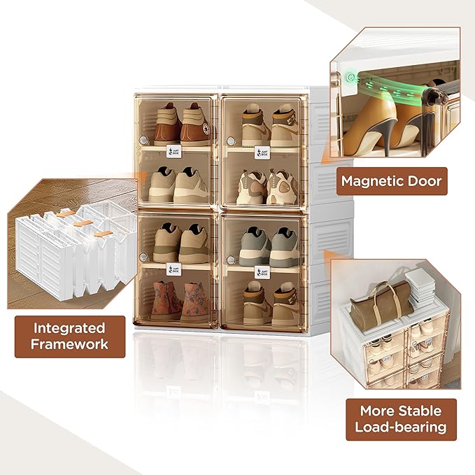 ANTBOX Shoe Organizer Storage Box, Portable Folding Shoe Rack For Closet With Magnetic Clear Door,Large Sneaker Cabinet Bins All-in-one Sturdy Easy Assembly 4 Layers-8 Grids-NeatNest
