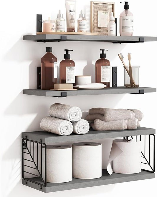 Fixwal 3+1 Tier Bathroom Floating Shelves Over Toilet, 15.8in Farmhouse Rustic Wood Shelves, Wall Decor for Bathroom, Living Room,Bedroom and Kitchen (Gray)-NeatNest