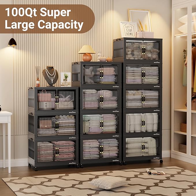 300Qt Stackable Storage Bins with Lid, Extra Large Closet Organizer Collapsible Drawer Boxes with Wheels, Folding Plastic Cabinet Containers for Home Kitchen Room Organization, 3Pack Black