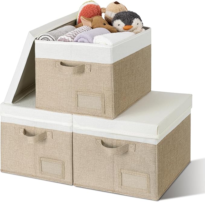 GRANNY SAYS Storage Bins with Lids, Linen Storage Bins, Storage Bins for Shelves, Decorative Storage Boxes, Clothes Storage and Organization for Organizing, 3-Pack, Jumbo, Khaki&Ivory-NeatNest