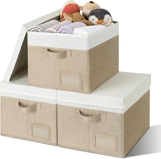 GRANNY SAYS Storage Bins with Lids, Linen Storage Bins, Storage Bins for Shelves, Decorative Storage Boxes, Clothes Storage and Organization for Organizing, 3-Pack, Jumbo, Khaki&Ivory-NeatNest