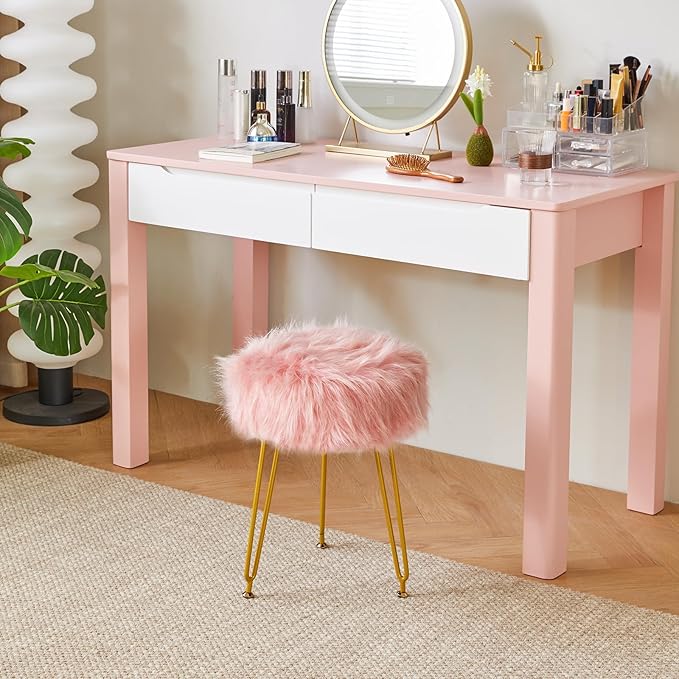 IBUYKE Faux Fur Vanity Stool Chair, Furry Makeup Stool Ottoman, Soft Padded Seat, Round Footrest Footstools with 4 Metal Legs, for Living Room Bedroom Entryway, Pink LG-32P