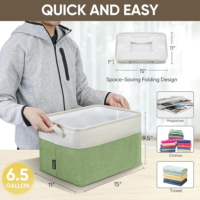 BALEINE 1 Pack Fabric Storage Bins for Shelves, Linen Storage Baskets for Organizing, Decorative Closet Bins for Clothes, Home (Green, 15''x11''x9.5'')-NeatNest