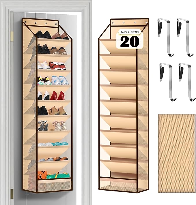 10 - Pocket Over - the - Door Hanging Shoe Organizers & Rack, Made of Sturdy 600D Oxford + Non - Woven Fabric, Space - Saving Storage for Shoes, Boots & More (Cream-colored)-NeatNest