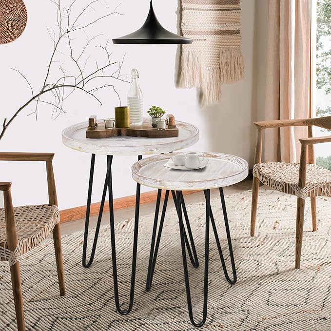 Oakrain Nesting Tables for Living Room, Round Nesting Coffee Table, Farmhouse End Tables Living Room, Bedroom, Small Coffee Table (Distressed White)