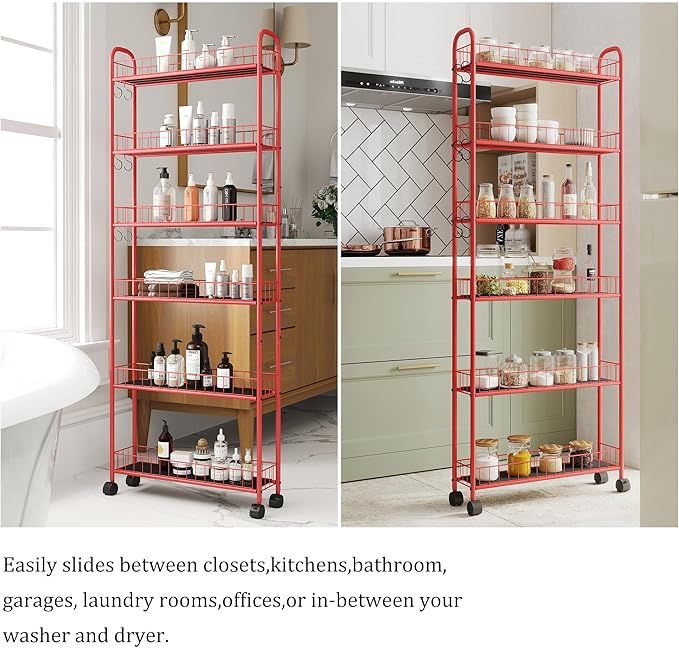 6-Tier Storage Cart Wire Slim Shelving Shelf with Wheels for Small Spaces, Rolling Tall Organizer Storage for Bathroom, Kitchen, Home, Garage, Bedroom, Closet (Red, 6" D)