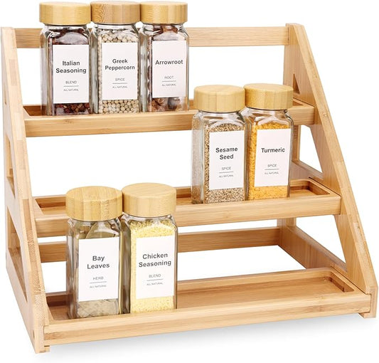 3-Tier Natural Bamboo Spice Rack Organizer - for Kitchen Cabinets, Countertops & Pantries - Space-Saving Tiered Shelf Seasoning rack-NeatNest