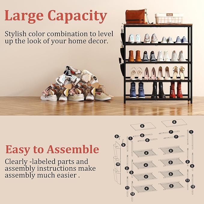 HOMEFORT 5 Tiers Shoe Rack for Entryway,30" Shoe Storage Shelf for Closet, Shoe Organizer with Adjustable Mesh Shelves, for 15-20 Pairs of Shoes, Industrial Shoe Stand with Side Pocket, Rustic Brown