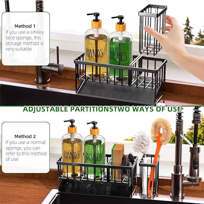 Cisily Dish Soap Dispenser, 16 fl Oz Dual Kitchen Soap Dispensers with Sponge Holder, Customized Stainless Steel Kitchen Soap Dispenser Set, Modern Hand and Dish Soap Bottle Set Removable-NeatNest