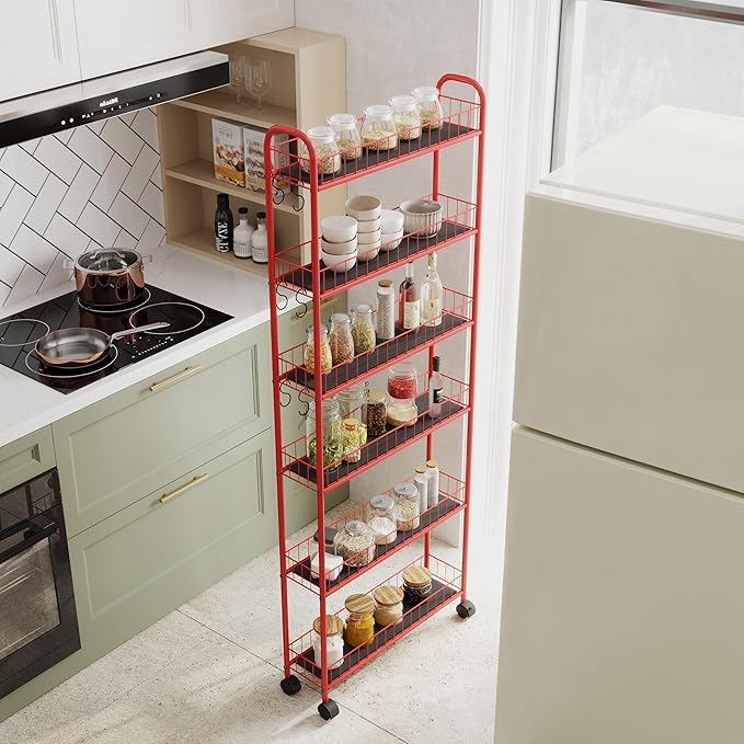 6-Tier Storage Cart Wire Slim Shelving Shelf with Wheels for Small Spaces, Rolling Tall Organizer Storage for Bathroom, Kitchen, Home, Garage, Bedroom, Closet (Red, 6" D)
