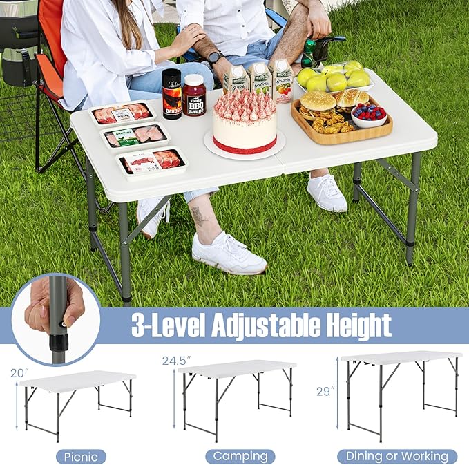 Goplus Portable 4 Foot Plastic Folding Table, 400 LBS Indoor Outdoor Heavy Duty Adjustable Folding Tables with HDPE Tabletop, Carrying Handle, Foldable Utility Card Table for Picnic, Camping, Dining-NeatNest