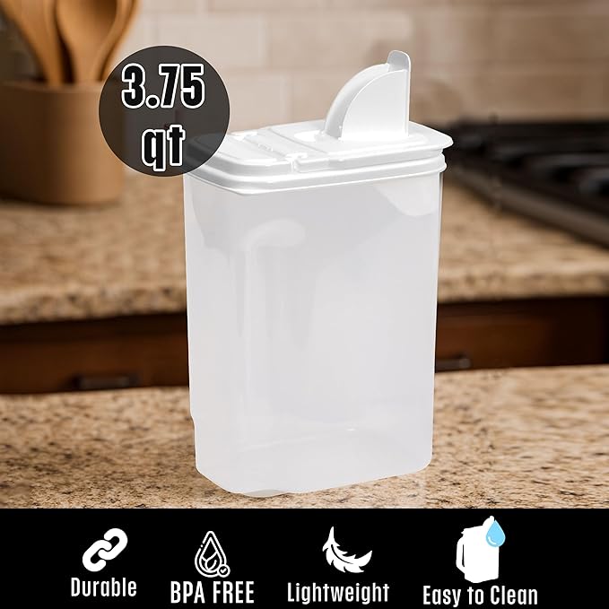 Buddeez Large Food Storage Container - 3.75 Quart Sugar Buddy, All Purpose Clear Kitchen Organization and Storage - Sugar, Flour, Cereal, Rice Dispenser, EZ Pour Spout & Easy Grip Handle (White Lid)-NeatNest