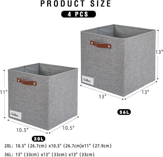 Collapsible Fabric Storage Cube Bins with 2 Reinforced PU Handles, Foldable Storage Organizer Baskets for Closet, Shelves, Living Room | 13"x13"x13", 4 Pack, Full Gray-NeatNest