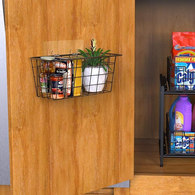 MaraFansie Hanging Kitchen Baskets Wire Storage Basket Over the Cabinet Door Organizer, No Drilling Adhesive Basket for Cabinet Pantry Organization and Kitchen, Bathroom, Storage, 2 Pack, Black-NeatNest