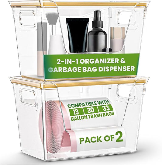 2 Pack Extra Large Trash Bag Holder Dispenser with Bamboo Lid – Stackable Design & Easy-Dispense Slot with Side Handles, Garbage Bag Dispenser for Pantry and Under-Sink Storage (11.4 × 7.1 × 7.1 in)