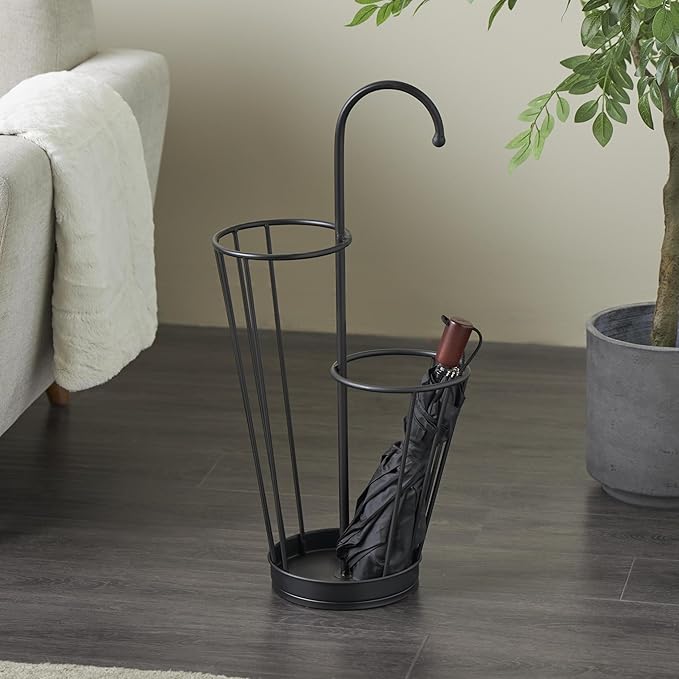 Deco 79 Metal Umbrella Stand 2 Section with Umbrella Shaped Handle, 13" x 8" x 27", Black-NeatNest
