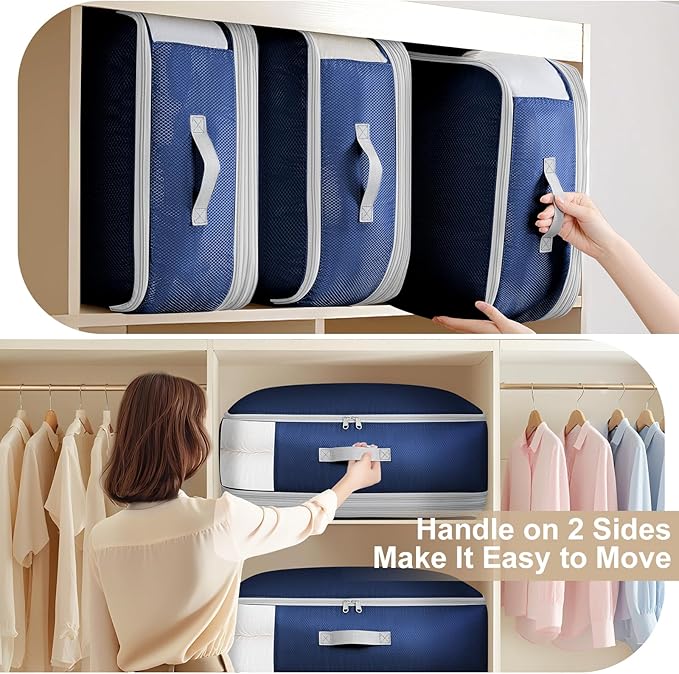 Comforter Storage Bag - Large Capacity Blanket Storage Bags 4-Layer Ultra Space Saving Self Compression Organizer, Washable Compression Bags for Storage Comforter Blanket, 4-Pack, Navy Blue-NeatNest