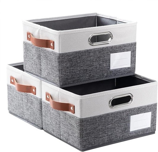 PRANDOM Foldable Storage Bins with Handles [3-Pack] Fabric Collapsible Storage Boxes Baskets Cubes Containers with Handles for Closet Living Room Bedroom (Grey & White 11.5x8.5x6.7'')-NeatNest