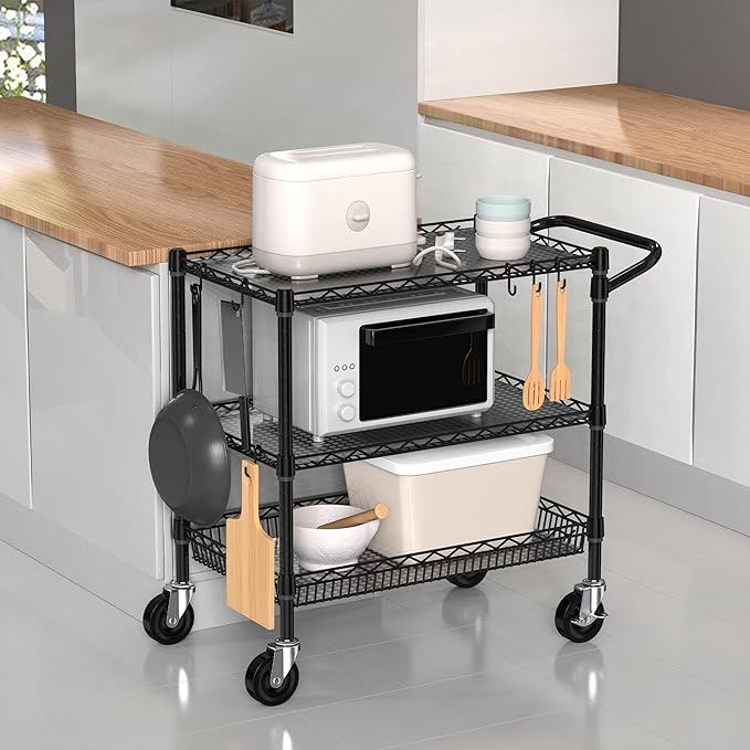 Heavy Duty Rolling Cart with Wheels, 3 Tier Commercial Grade Utility Cart, Metal Kitchen Storage Trolley with Handle Bar & Shelf Liner for Food Service Tool, Black