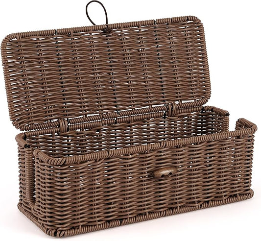 Cable Management Box, Handwoven Faux Rattan Cord Organizer Box with Lid, 2 Open Slots Cable Organizer Box, Decorative Cord Hider Box for Tv Computer USB Hub & Power Strip Holder