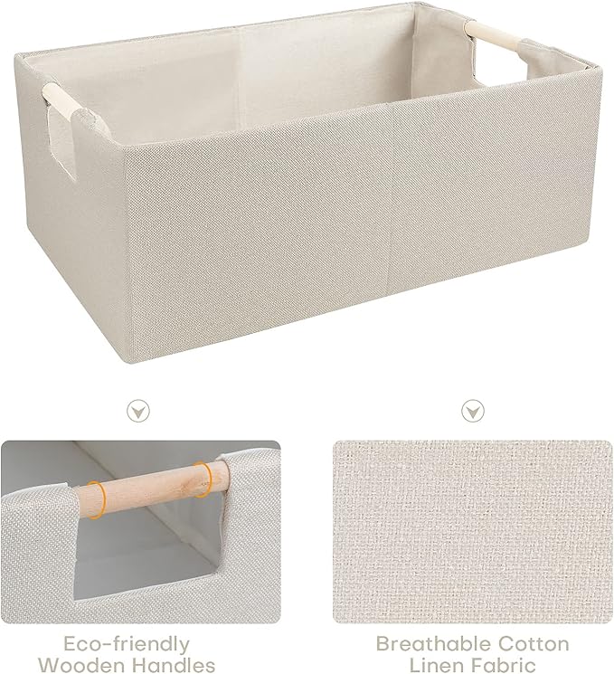 ANMINY 4PCS Storage Baskets for Organizing Collapsible Fabric Storage Bins Boxes with Wood Handles Closet Shelves Cube Organizer Bins Clothes Laundry Storage Container - Large, Beige-NeatNest