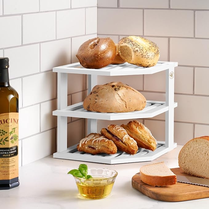 Cabinet Organizer Shelf - Bamboo Corner Rack for Kitchen Counter, Cabinet Space Saver for Plates, Dishes, Bowls, Bread Pantry, Bathroom Storage or Countertop Stand, White-NeatNest