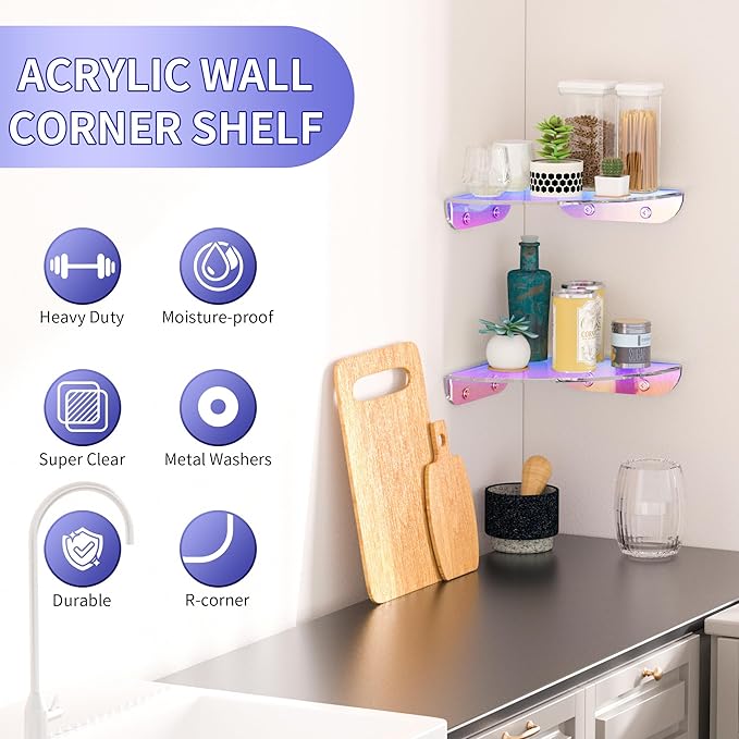 7x7 Inch Corner Shelf Wall Mount Set of 2, Iridescent Acrylic Corner Floating Shelves, Corner Wall Organizer Shelf for Bathroom, Kitchen, Bedroom, Living Room, Dining Room, Office