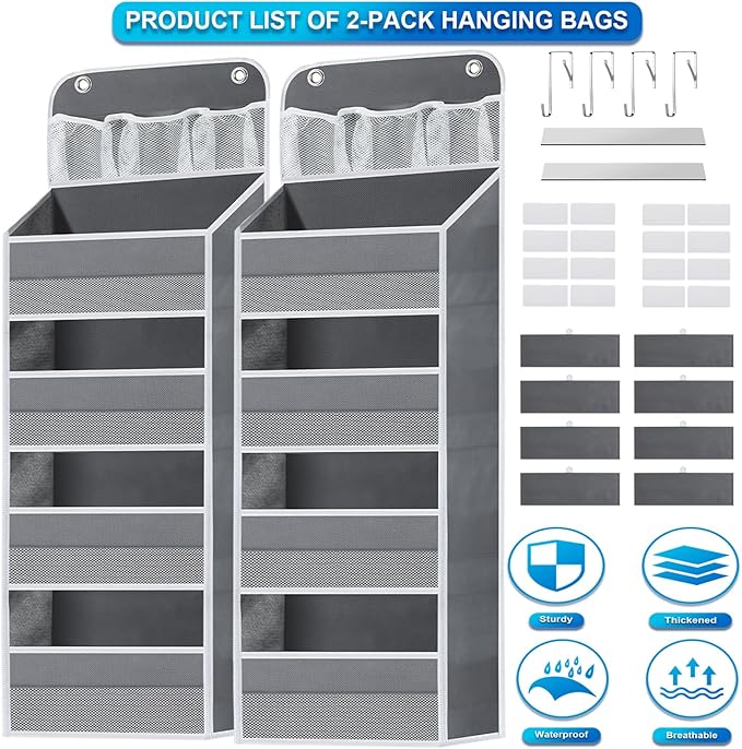 2 Pack Over The Door Organizer, Hanging Storage Organization with Large Capacity Pockets, Swing-Proof Behind Door Storage Shelf for Kicthen Bedroom Nursery Kids Toys Shoes, Grey