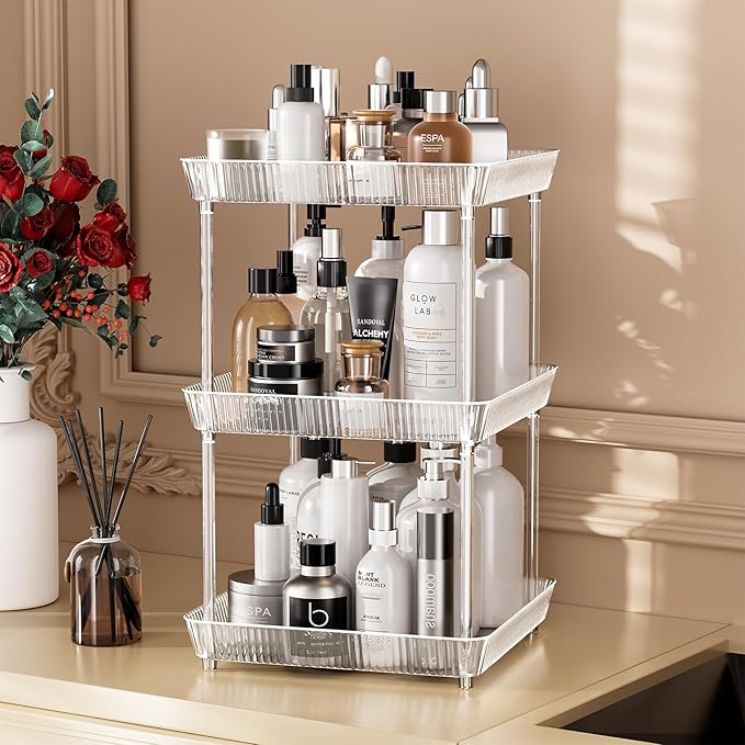 2 Tier Lazy Susan Bathroom Countertop Organizer, 360° Clear Rotating Square Storage Tray, Cosmetics and Perfume Organizer, Spinning Storage Tray Vanity Organizer Shelf for Bathroom Cabinet, Kitchen-NeatNest