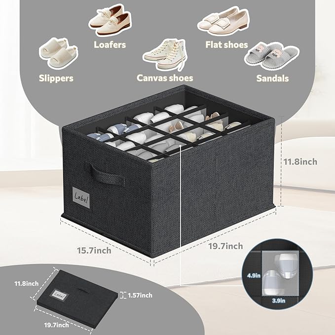 2 Pack Shoe Organizer For Closet, Fits 16-32 Pairs Fabric Shoe Storage Bins Large Shoe Box Storage Containers with Bottom Support For Shoes Space Saving Shoes Holder (Black)-NeatNest