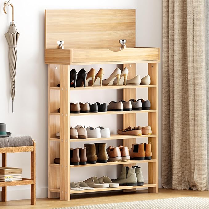 soges 5-Tier Wooden Shoe Rack with Storage Cabinet, 29.5 inches Vertical Free Standing Shoe Shelf, Shoe Organizer Storage Cabinet for Entryway, Living Room, Hallway, Doorway, White Oak-NeatNest