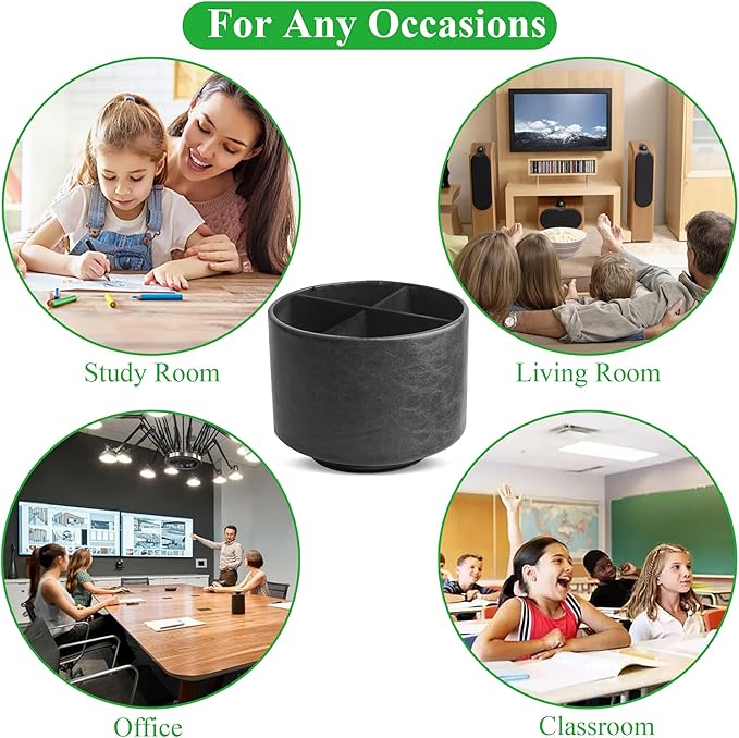 Hennaja Round Leather Art Supply Organizer,Remote Control Holder,360 Degree Spinning,Multi-Functional Pencil Holder,4 Compartments Desktop Stationary Organizer(1-Oil Black)-NeatNest