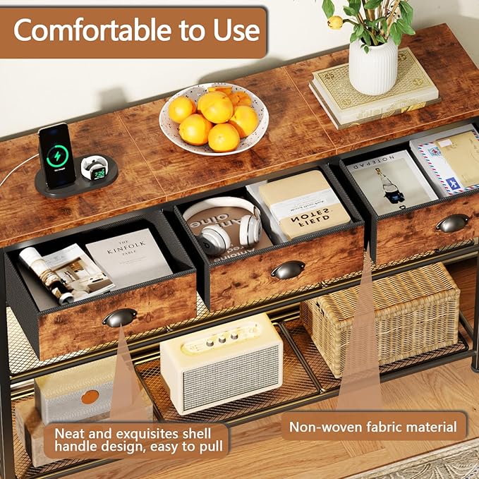 Furologee Console Table with Charging Station & 3 Fabric Drawers, 38'' Entryway Table with Storage Shelves and LED Light for Entry Way, Industrial Display Shelf for Hallway, Foyer, Rustic Brown-NeatNest
