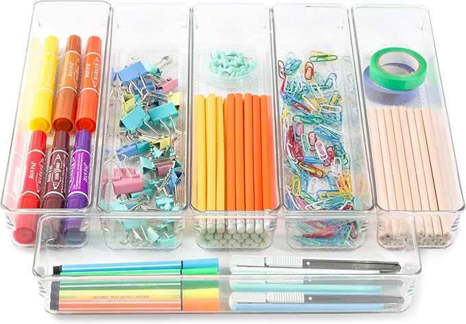 ihomecooker 6 Set Clear Plastic Junk Drawer Organizer Vanity Curlery Utensil Makeups Organizer for Kitchen 12'' X 3''-NeatNest