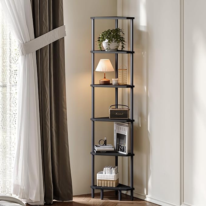 6 Tier Corner Shelf, 66.5'' Tall Standing Shelf, Narrow Display Shelf Stand, Modern Corner Bookshelf, Plant Stand, Corner Bookcase for Living Room, Bedroom, Bathroom, Black LCS502B-NeatNest